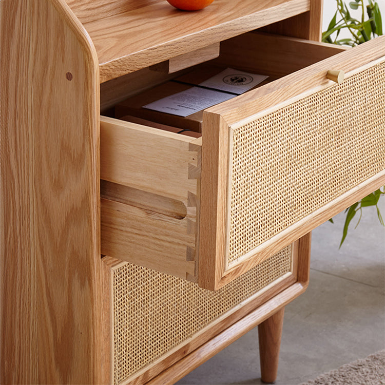 Modern Oak Wood Night Stand with Rattan Drawers for Storage - Stylish Design for Bedroom H84M04