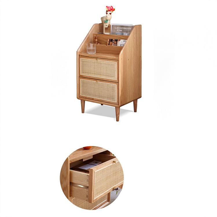 Modern Oak Wood Night Stand with Rattan Drawers for Storage - Stylish Design for Bedroom H84M04