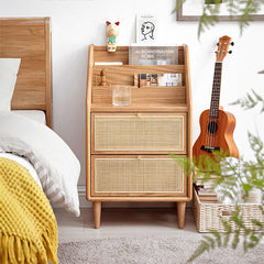 Modern Oak Wood Night Stand with Rattan Drawers for Storage - Stylish Design for Bedroom H84M04