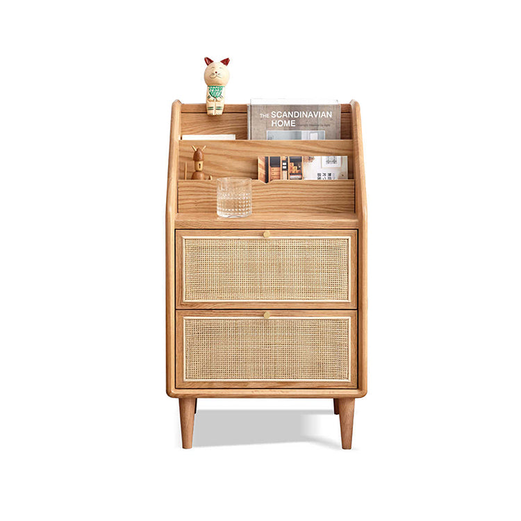 Modern Oak Wood Night Stand with Rattan Drawers for Storage - Stylish Design for Bedroom H84M04