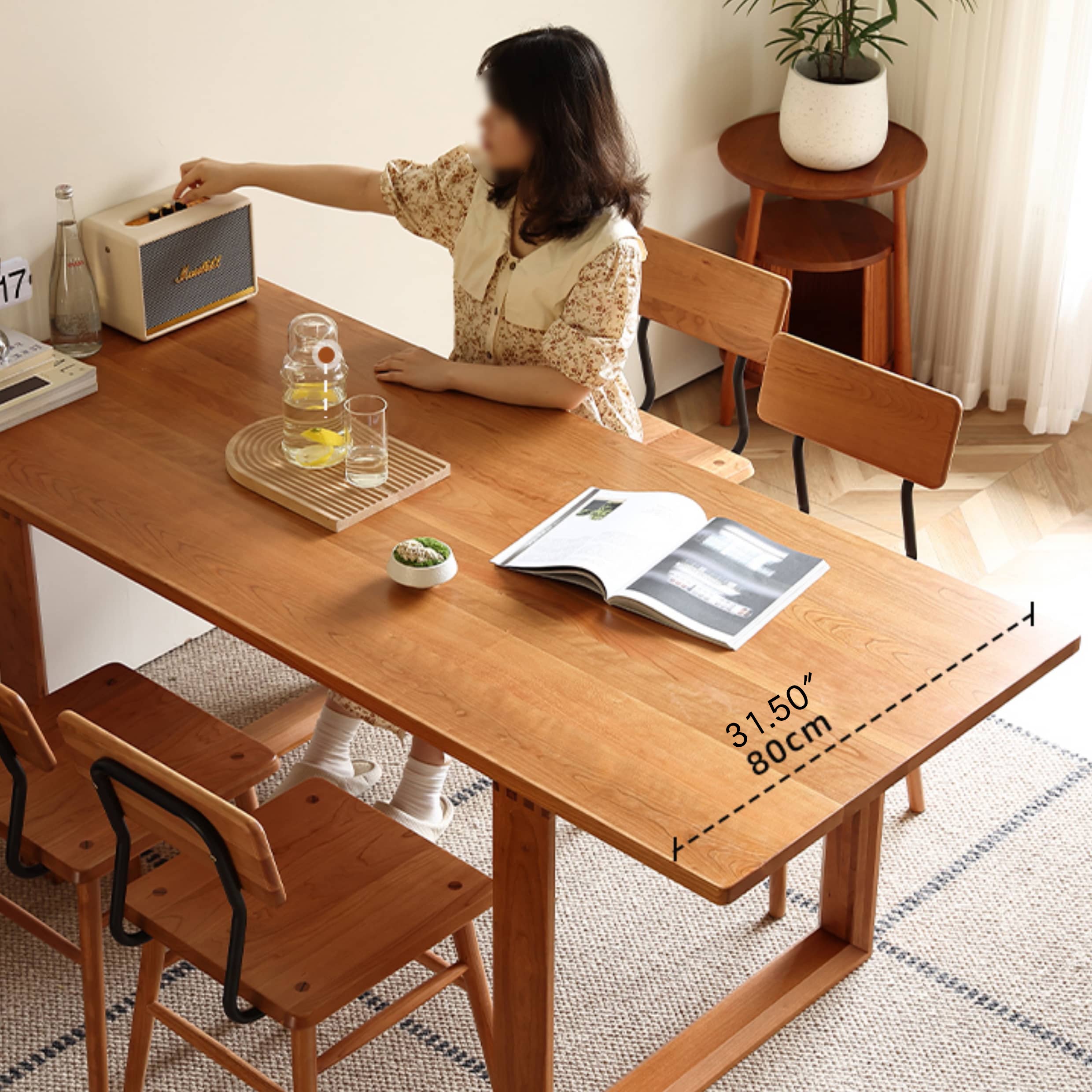 Rectangular Cherry Wood Dining Table in Natural Wood Color with Double Pedestals for 6 Hersa-1623