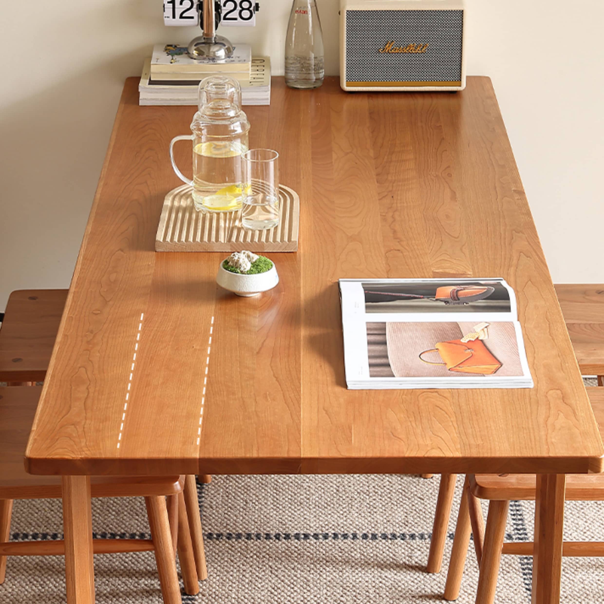 Rectangular Cherry Wood Dining Table in Natural Wood Color with Double Pedestals for 6 Hersa-1623