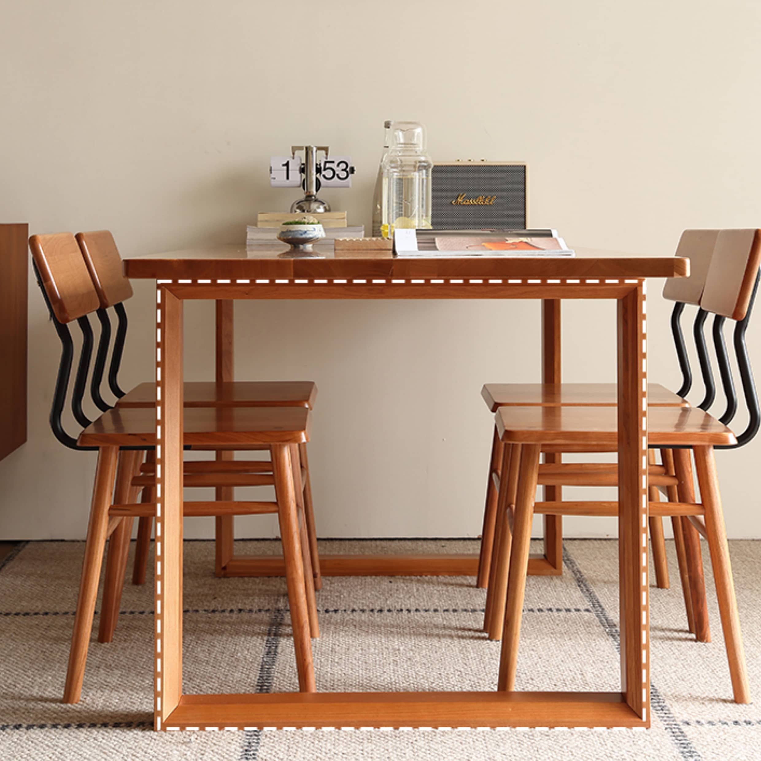 Rectangular Cherry Wood Dining Table in Natural Wood Color with Double Pedestals for 6 Hersa-1623