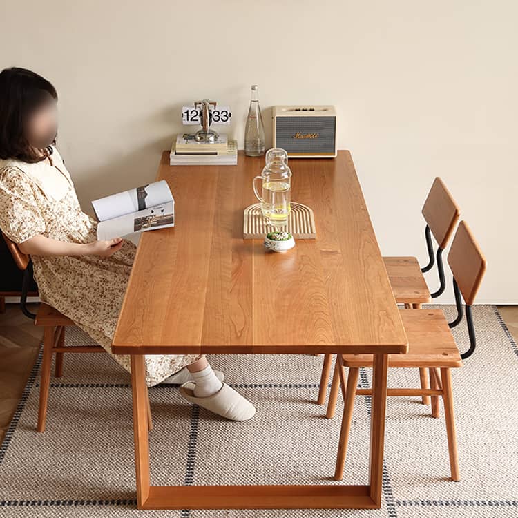 Rectangular Cherry Wood Dining Table in Natural Wood Color with Double Pedestals for 6 Hersa-1623