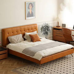 Luxurious Brown California King Size Bed Pine Bed Frame with Leather Upholstered Queen Bed for Bedroom Hersa-1626