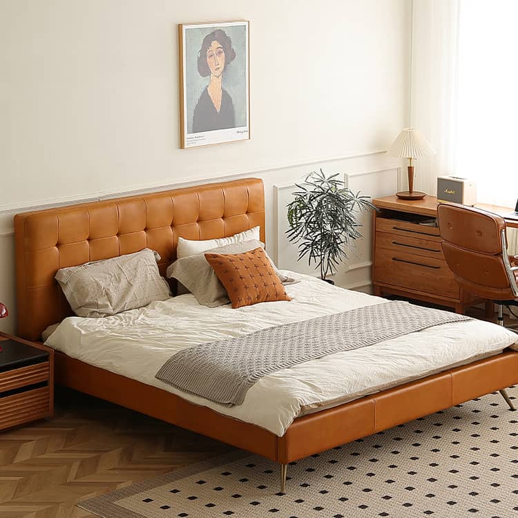 Luxurious Brown California King Size Bed Pine Bed Frame with Leather Upholstered Queen Bed for Bedroom Hersa-1626