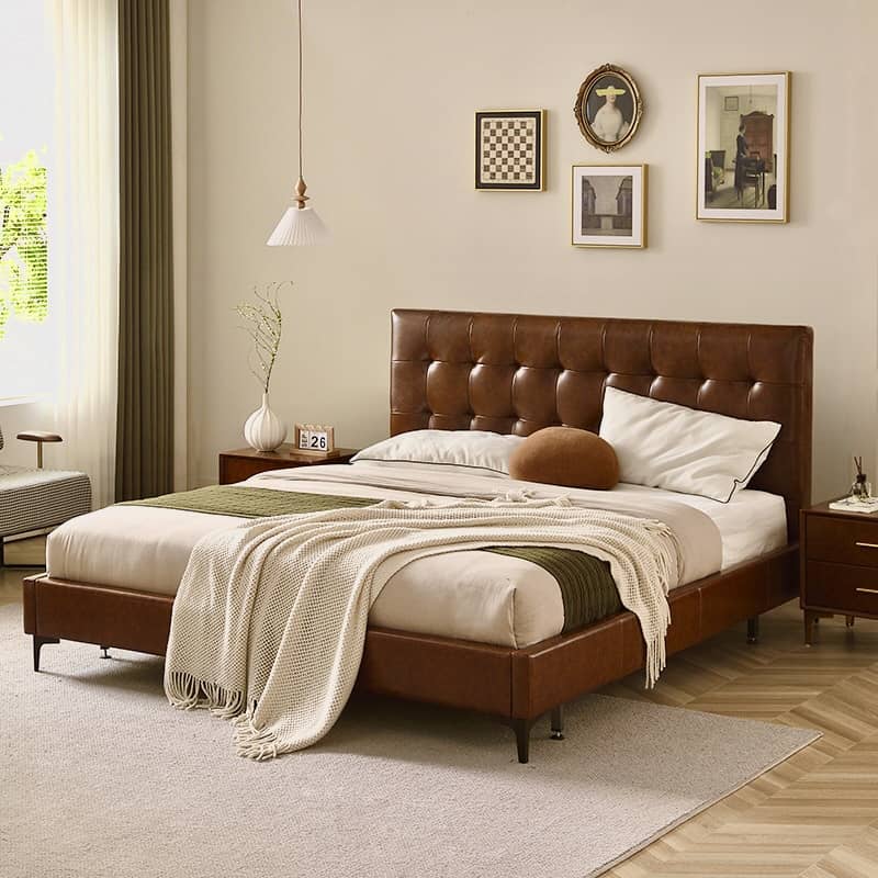 Luxurious Cal King Leather Bed in Dark Brown with Pine Frame & Upholstery Headboard Queen Design for Bedroom  Hersa-1627