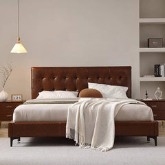 Luxurious Cal King Leather Bed in Dark Brown with Pine Frame & Upholstery Headboard Queen Design for Bedroom  Hersa-1627