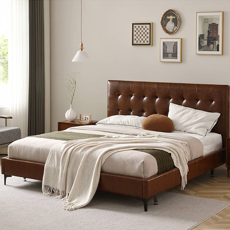 Luxurious Cal King Leather Bed in Dark Brown with Pine Frame & Upholstery Headboard Queen Design for Bedroom  Hersa-1627