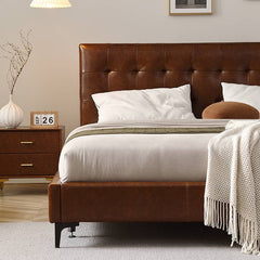 Luxurious Cal King Leather Bed in Dark Brown with Pine Frame & Upholstery Headboard Queen Design for Bedroom  Hersa-1627