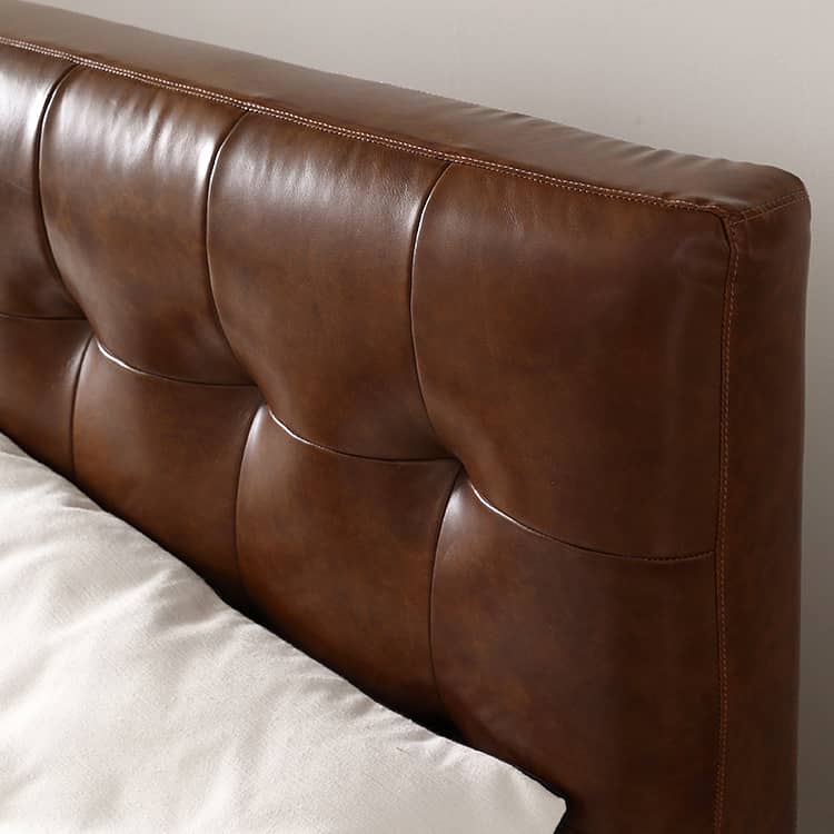 Luxurious Cal King Leather Bed in Dark Brown with Pine Frame & Upholstery Headboard Queen Design for Bedroom  Hersa-1627