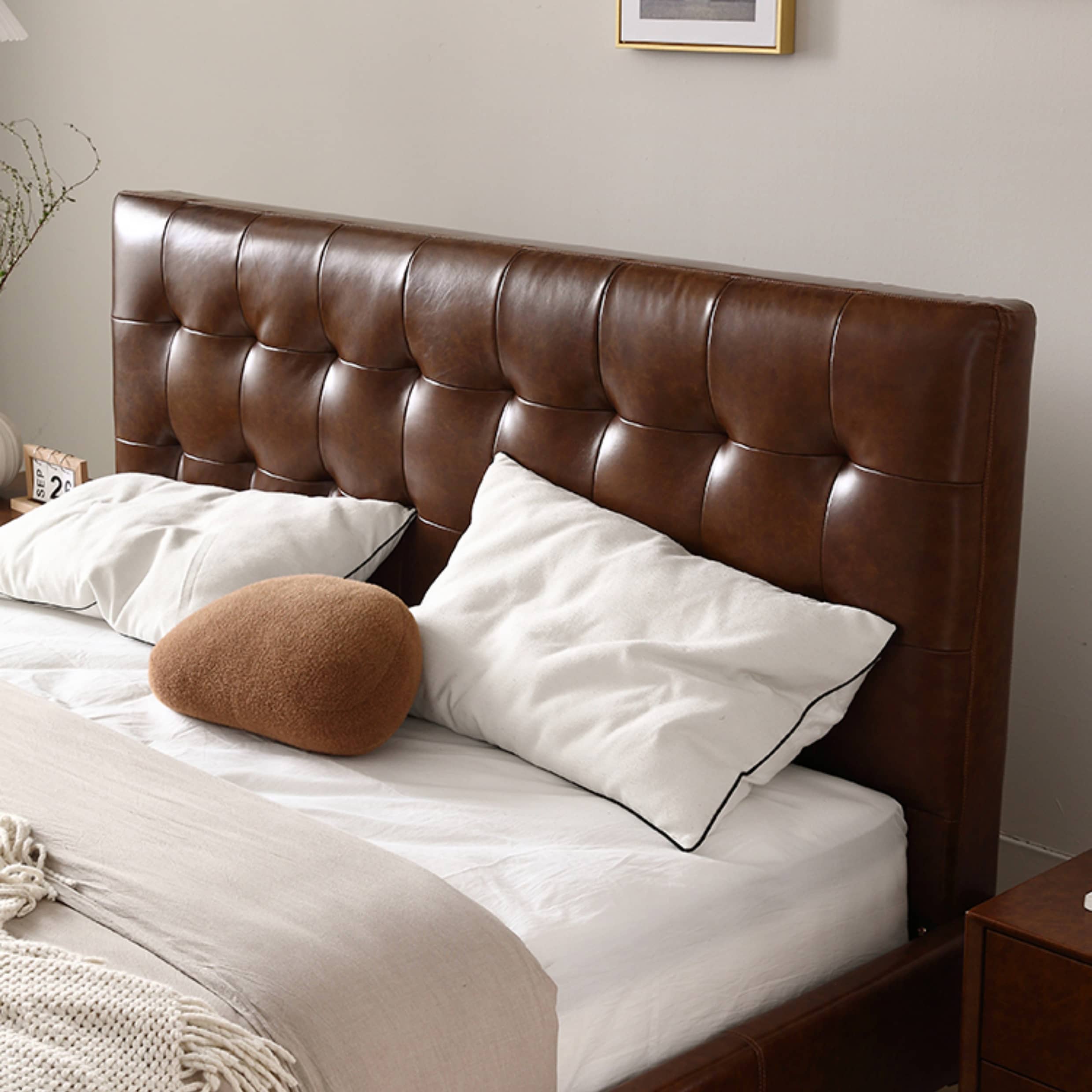 Luxurious Cal King Leather Bed in Dark Brown with Pine Frame & Upholstery Headboard Queen Design for Bedroom  Hersa-1627