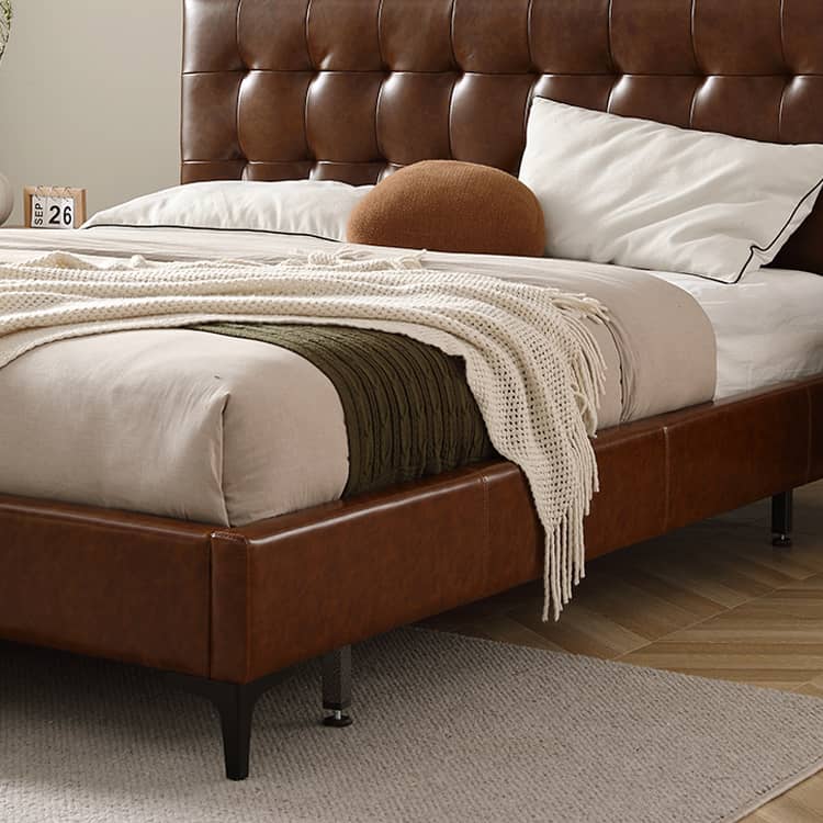 Luxurious Cal King Leather Bed in Dark Brown with Pine Frame & Upholstery Headboard Queen Design for Bedroom  Hersa-1627