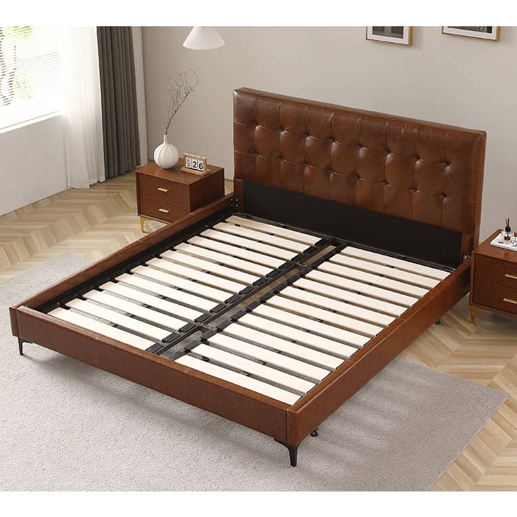 Luxurious Cal King Leather Bed in Dark Brown with Pine Frame & Upholstery Headboard Queen Design for Bedroom  Hersa-1627