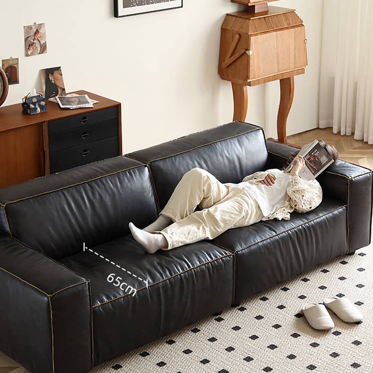 Luxurious Black Leather Sofa with Solid Wood Frame & Plush Down Filling Loveseat for Living Room Hersa-1644