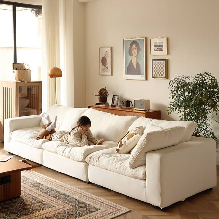 Minimalistic White Cotton Linen Sofa with Down Filling - Durable Pine Wood Multi-Size Choice Hersa-1645