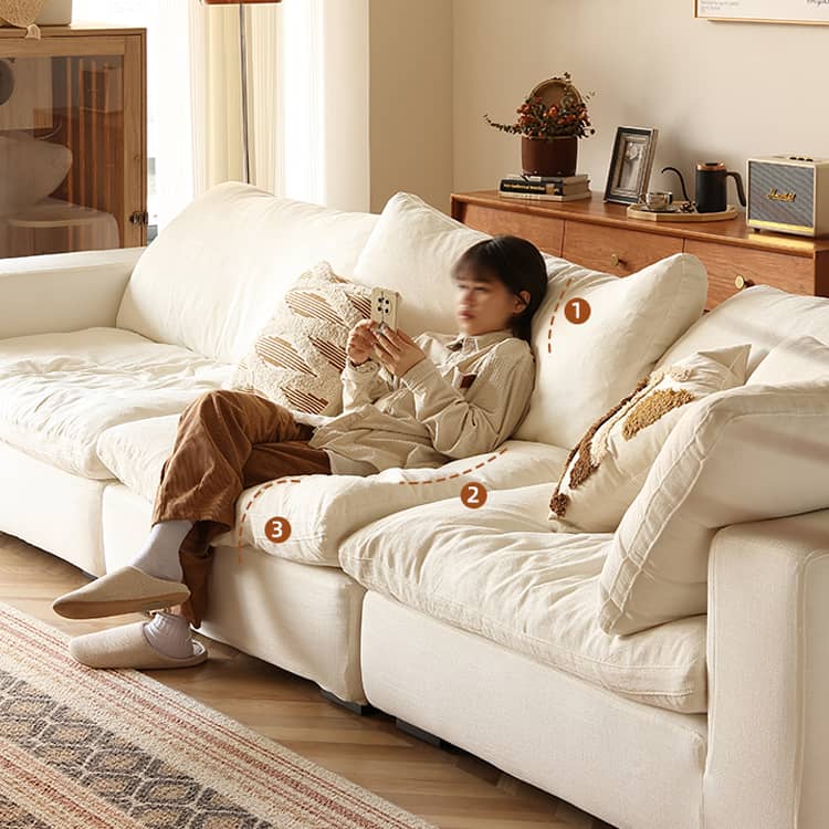 Minimalistic White Cotton Linen Sofa with Down Filling - Durable Pine Wood Multi-Size Choice Hersa-1645