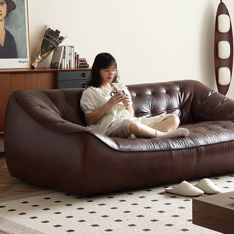 Luxurious Dark Brown Leather Sofa with Figure Cotton Filling & Durable Pine Frame - Modern Loveseat Design Hersa-1649