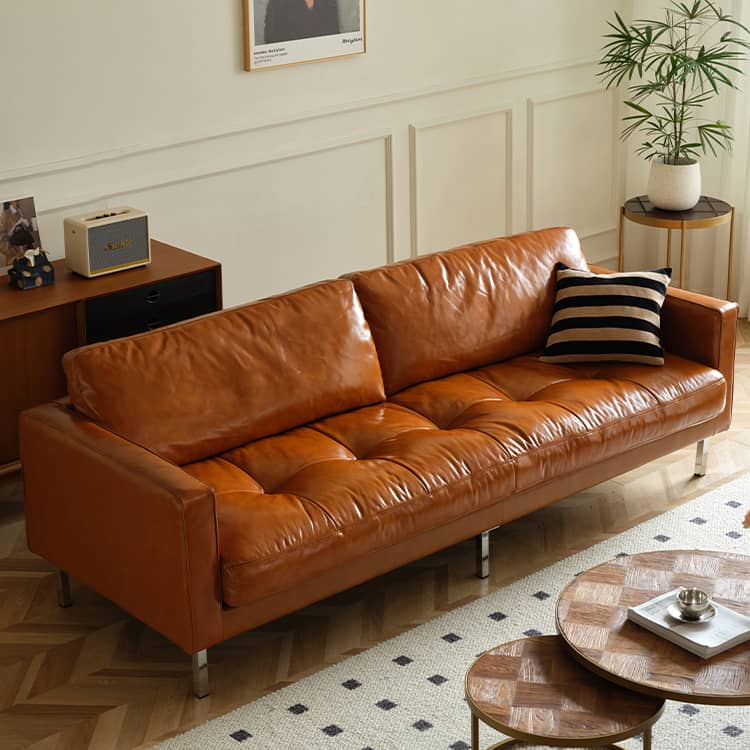 Luxurious Brown Leather Sofa with Down Filling Loveseat - Durable Pine Frame 3-Seater Sofa Hersa-1651