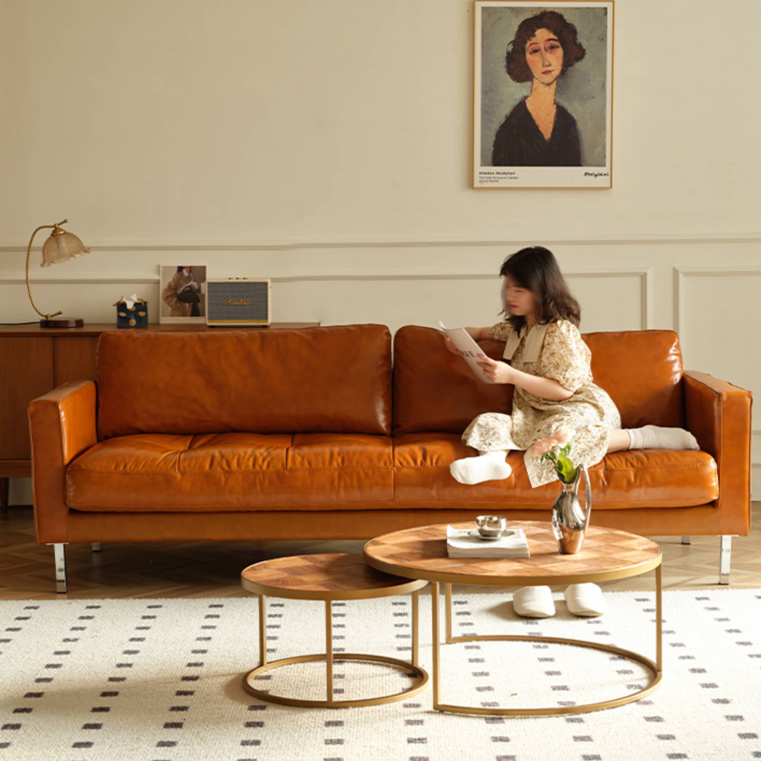 Luxurious Brown Leather Sofa with Down Filling Loveseat - Durable Pine Frame 3-Seater Sofa Hersa-1651