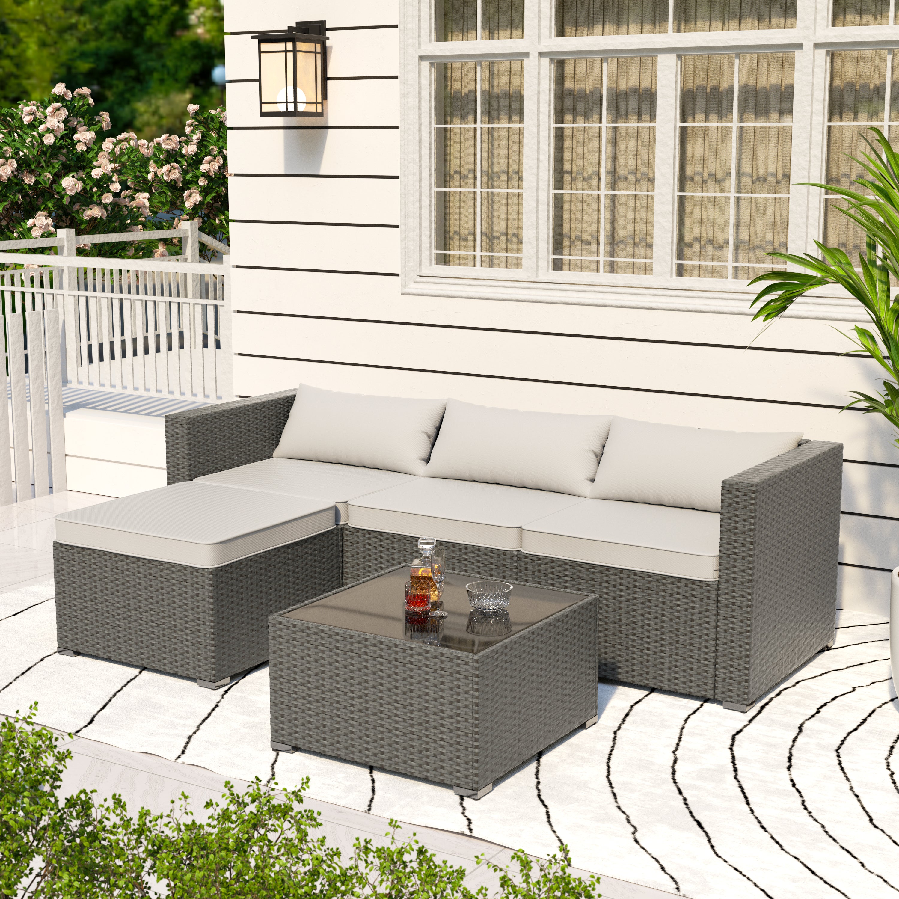 Stylish Rattan & Urethane Outdoor Sectional Sofa Set with Cushions and Coffee Table PA01002