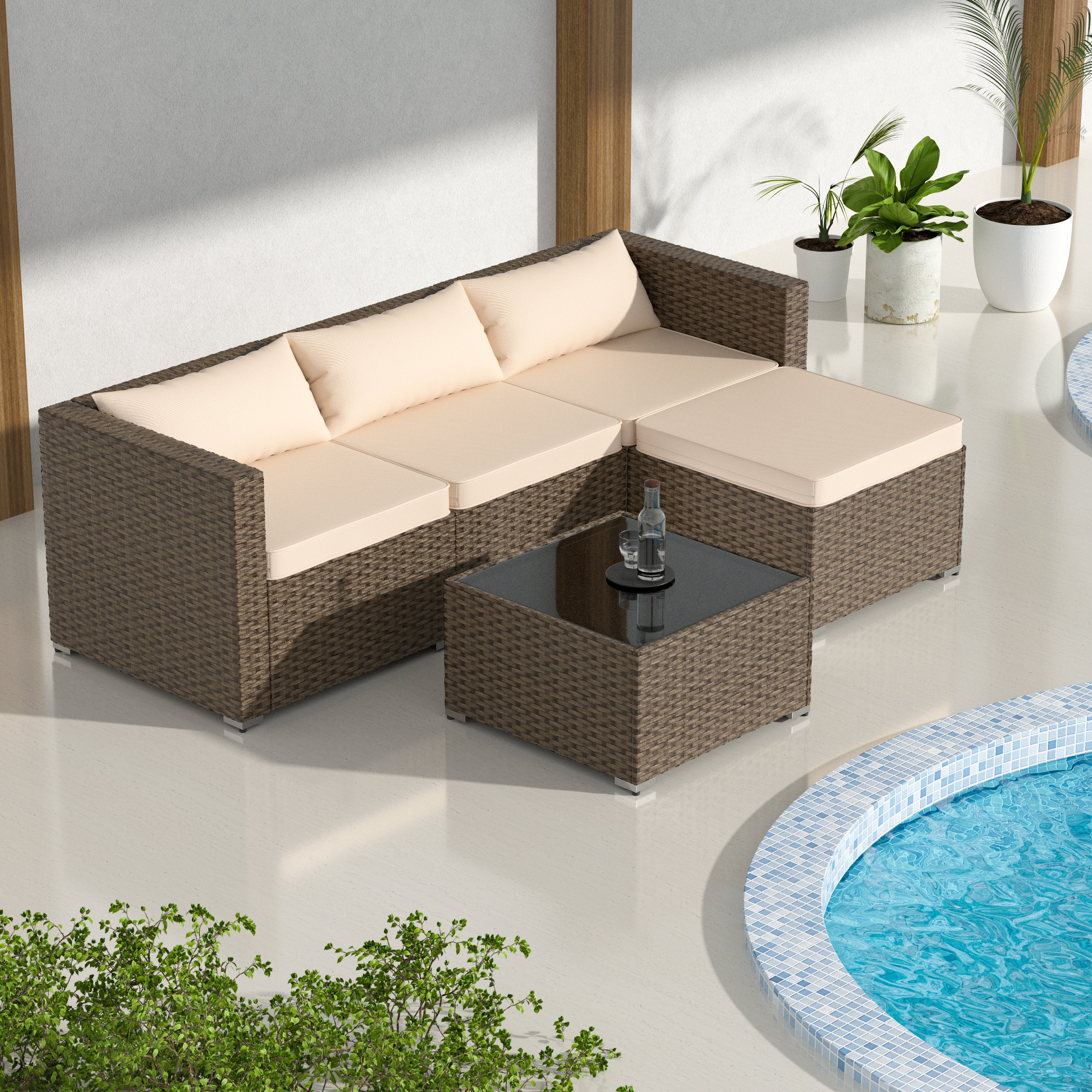 Stylish Rattan & Urethane Outdoor Sectional Sofa Set with Cushions and Coffee Table PA01002