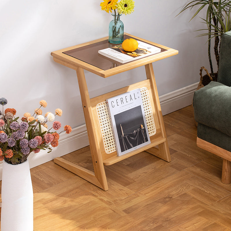 Stunning Natural Wood End Table  with Intricate Bamboo and Rattan Weaving - Reeded Glass Top in Elegant Brown Grey hsl-84