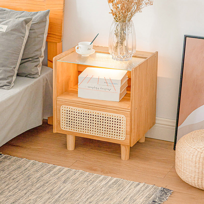 Elegant Natural Bamboo Rattan Nightstand with Glass Top – Stylish Bedroom Storage Solution hsl-87