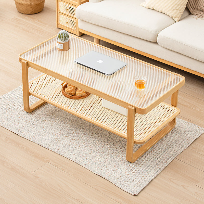 Modern Rectangular Bamboo Coffee Table with Glass Top - Two-Tier with Storage Natural Wood Color Finish hsl-85