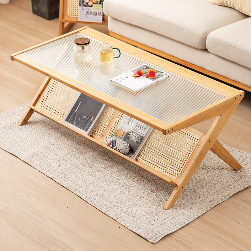 Stylish Bamboo Coffee Table in Rectangular with Glass Top - Durable ABS Resin Design hsl-79