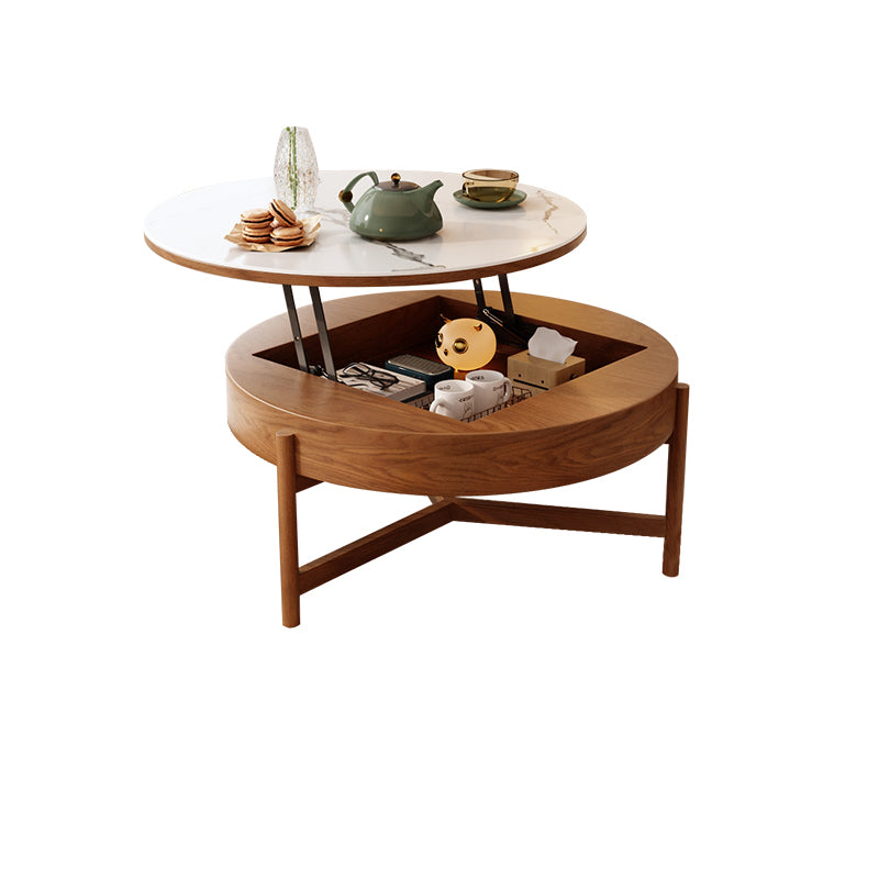 Modern Round Lift-Top Coffee Table Set with Storage & 3 Ottomans White & Solid Wood fjnl-1599