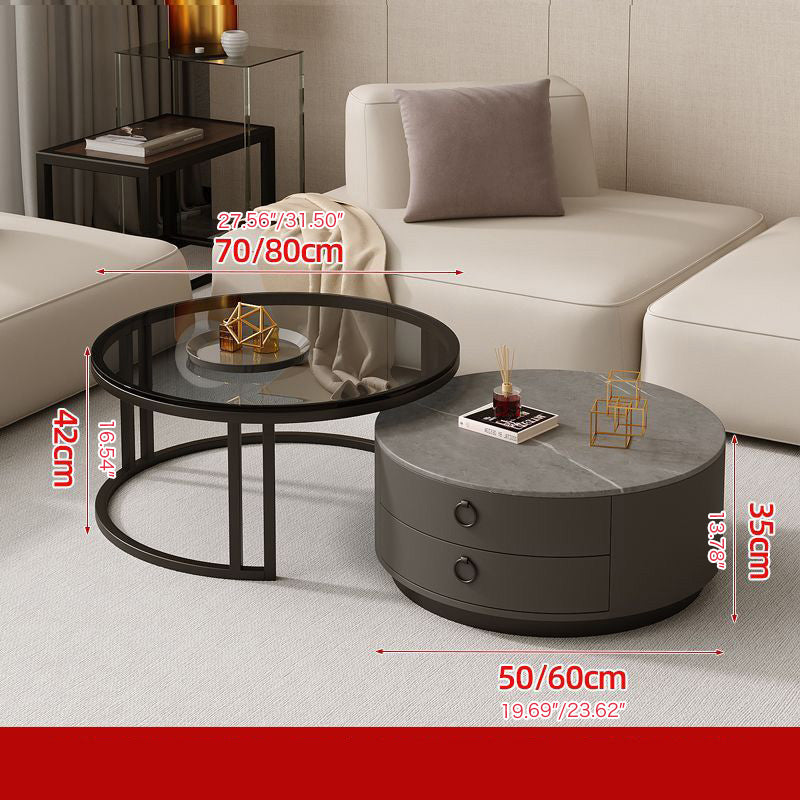 2-Pieces Sintered Stone Round Coffee Table with Metal Legs - Modern design with Storage frg-502