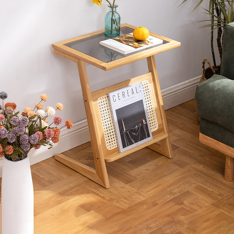 Stunning Natural Wood End Table  with Intricate Bamboo and Rattan Weaving - Reeded Glass Top in Elegant Brown Grey hsl-84