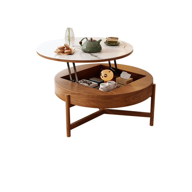 Modern Round Lift-Top Coffee Table Set with Storage & 3 Ottomans White & Solid Wood fjnl-1599