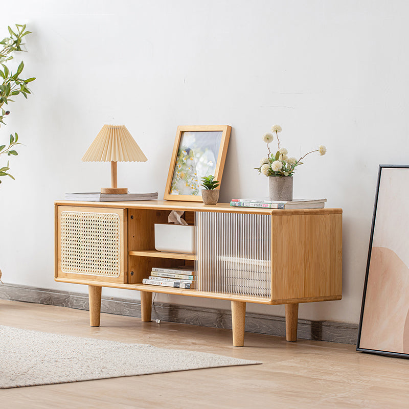 Stylish Natural Wood TV Cabinet with Bamboo Shelves, Durable ABS Resin, and Glass Doors hsl-80