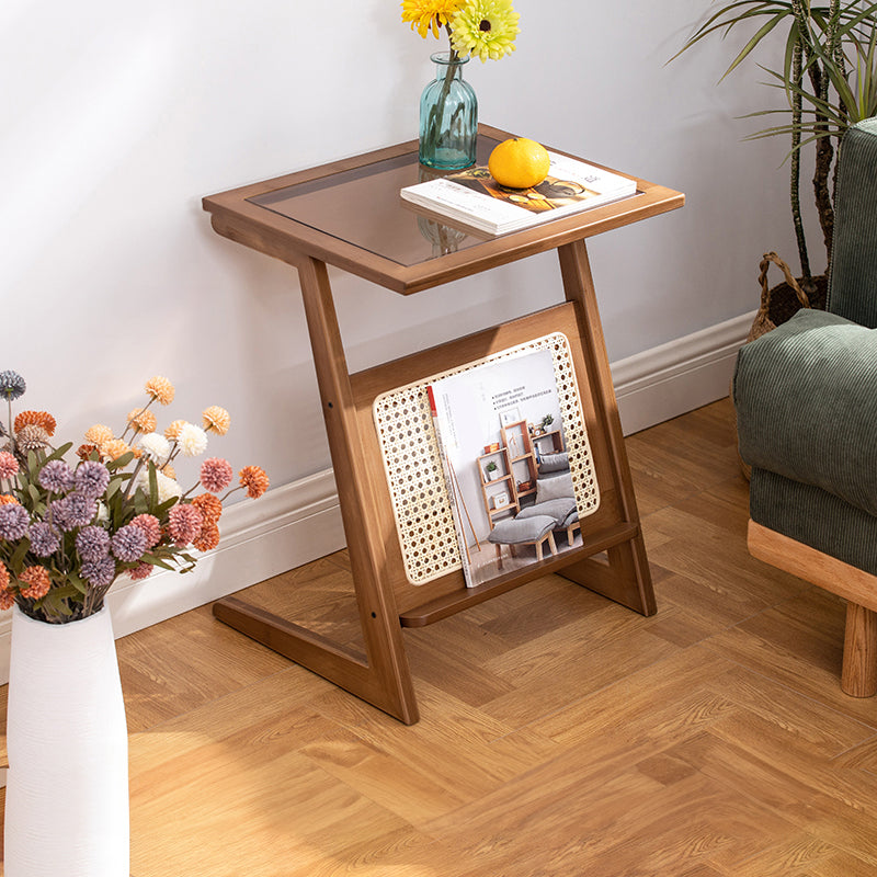 Stunning Natural Wood End Table  with Intricate Bamboo and Rattan Weaving - Reeded Glass Top in Elegant Brown Grey hsl-84