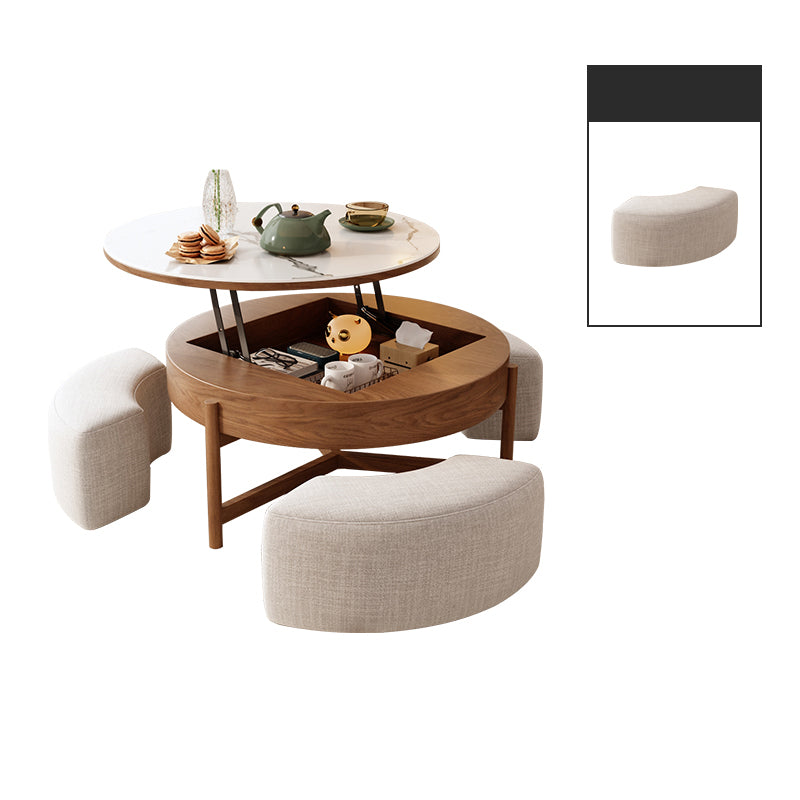 Modern Round Lift-Top Coffee Table Set with Storage & 3 Ottomans White & Solid Wood fjnl-1599