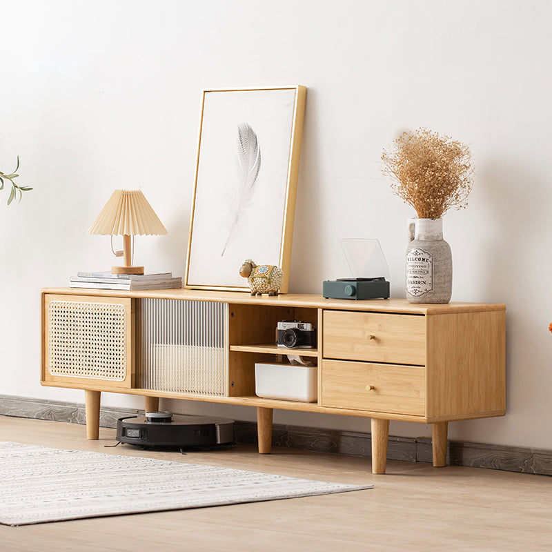 Stylish Natural Wood TV Cabinet with Bamboo Shelves, Durable ABS Resin, and Glass Doors hsl-80