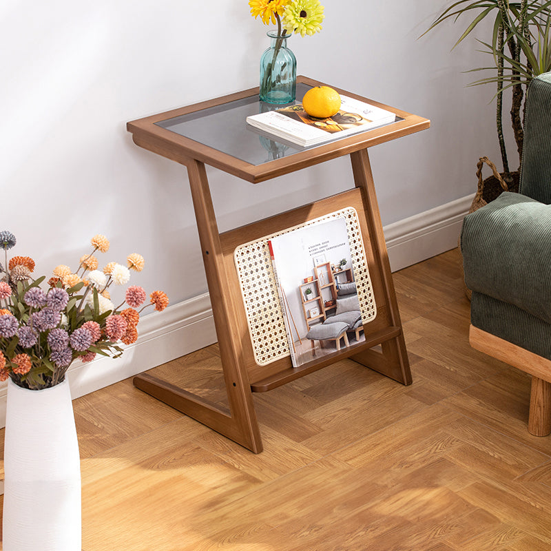 Stunning Natural Wood End Table  with Intricate Bamboo and Rattan Weaving - Reeded Glass Top in Elegant Brown Grey hsl-84