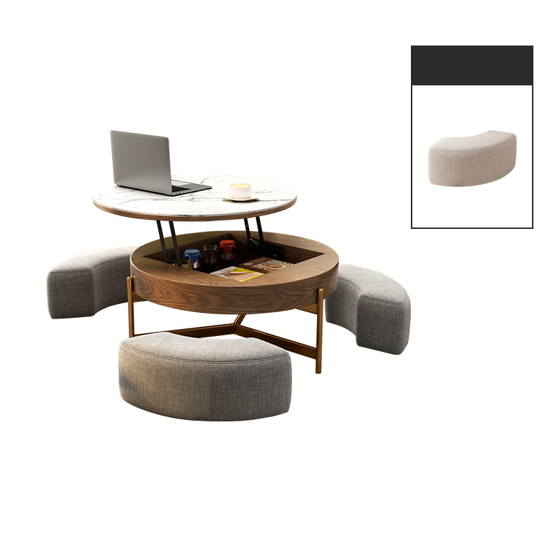 Modern Round Lift-Top Coffee Table Set with Storage & 3 Ottomans White & Solid Wood fjnl-1599