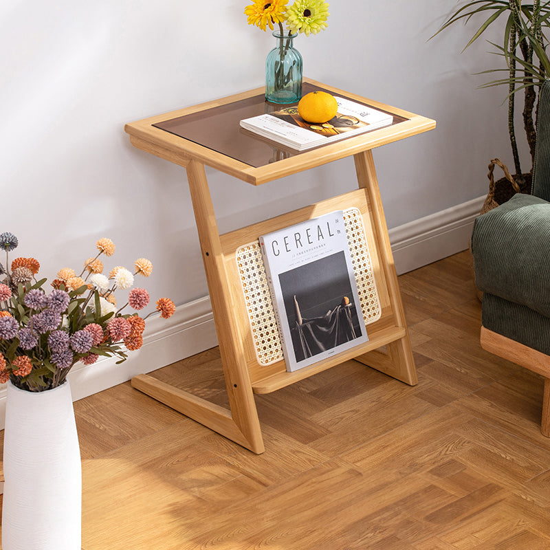 Stunning Natural Wood End Table  with Intricate Bamboo and Rattan Weaving - Reeded Glass Top in Elegant Brown Grey hsl-84