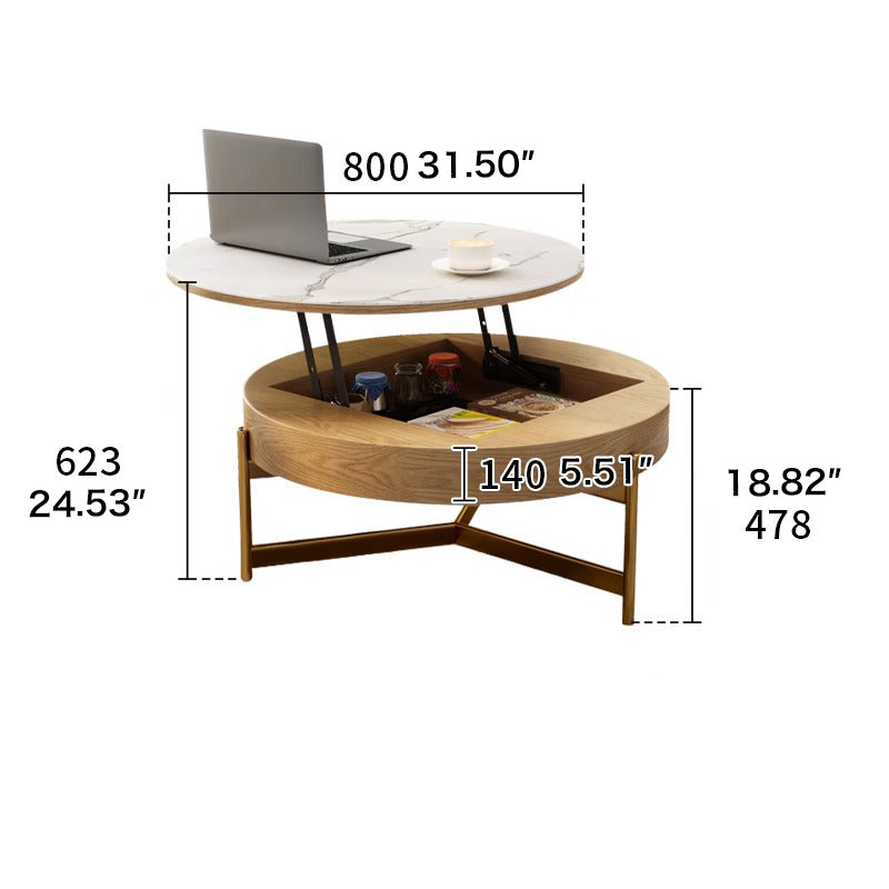 Modern Round Lift-Top Coffee Table Set with Storage & 3 Ottomans White & Solid Wood fjnl-1599