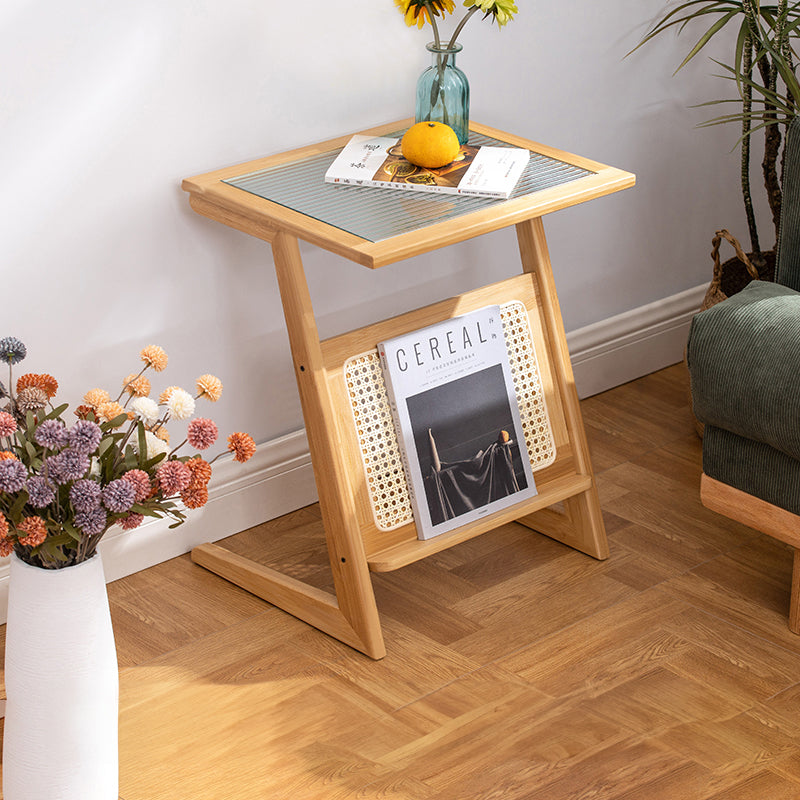 Stunning Natural Wood End Table  with Intricate Bamboo and Rattan Weaving - Reeded Glass Top in Elegant Brown Grey hsl-84