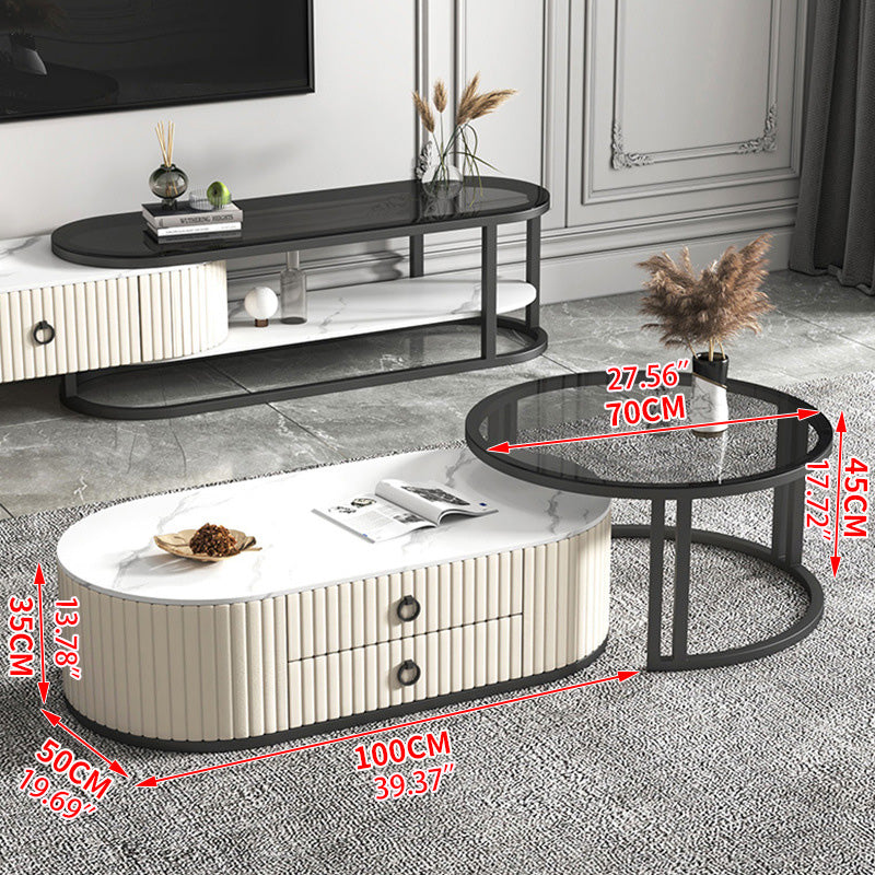 2-Pieces Oval Coffee Table and Round Side Table with Storage- Modern Design for LIvingroom frg-503