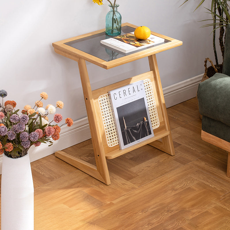 Stunning Natural Wood End Table  with Intricate Bamboo and Rattan Weaving - Reeded Glass Top in Elegant Brown Grey hsl-84