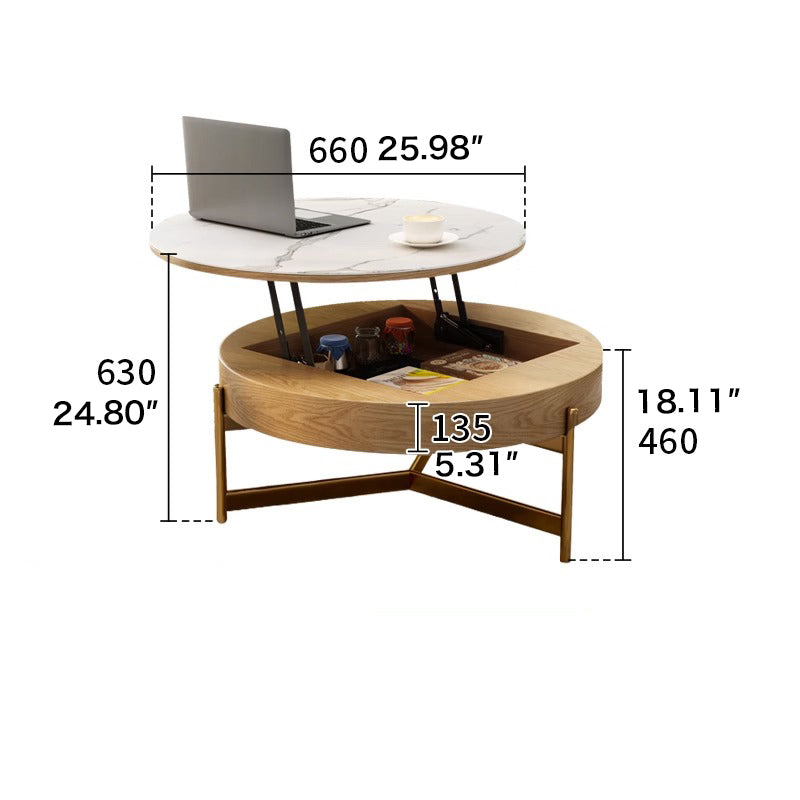 Modern Round Lift-Top Coffee Table Set with Storage & 3 Ottomans White & Solid Wood fjnl-1599