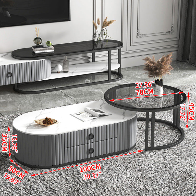 2-Pieces Oval Coffee Table and Round Side Table with Storage- Modern Design for LIvingroom frg-503