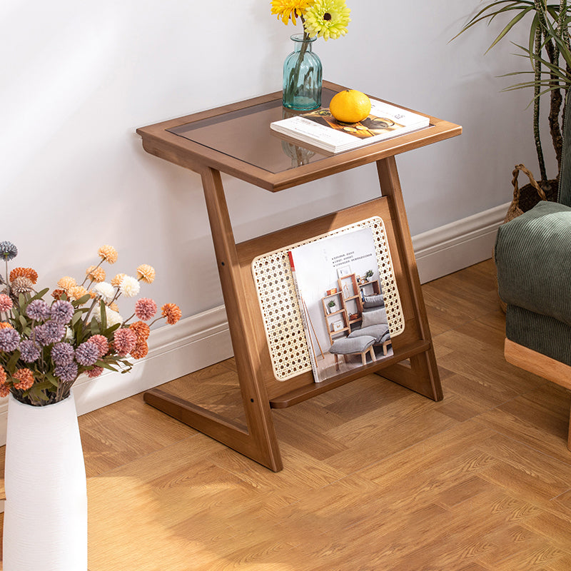 Stunning Natural Wood End Table  with Intricate Bamboo and Rattan Weaving - Reeded Glass Top in Elegant Brown Grey hsl-84