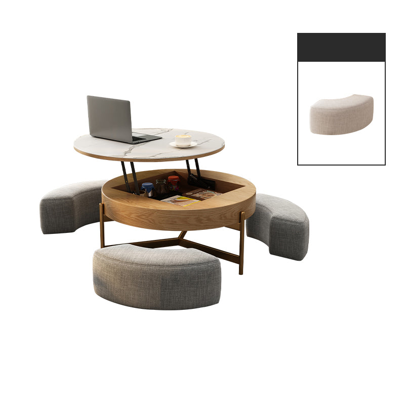 Modern Round Lift-Top Coffee Table Set with Storage & 3 Ottomans White & Solid Wood fjnl-1599