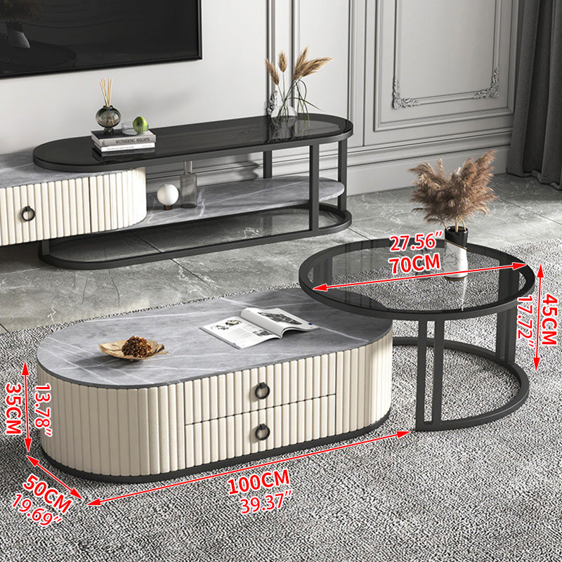 2-Pieces Oval Coffee Table and Round Side Table with Storage- Modern Design for LIvingroom frg-503